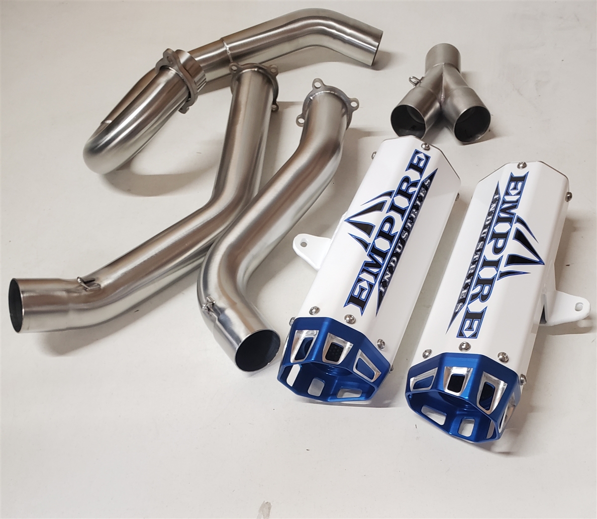 Empyrean Rapture FAB アーティストプルーフ Empire Industries G2 Dual Exhaust White/Blue For Yamaha Raptor 700